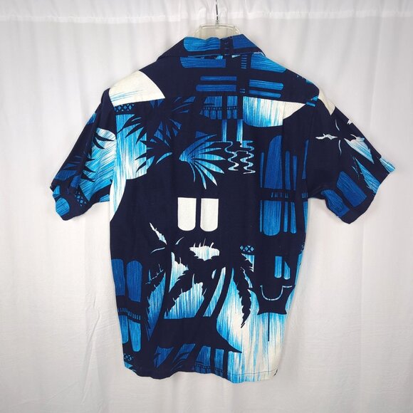 Vintage Hukilau Fashions Hawaiian Shirt Small Blue Barkcloth - Picture 6 of 7
